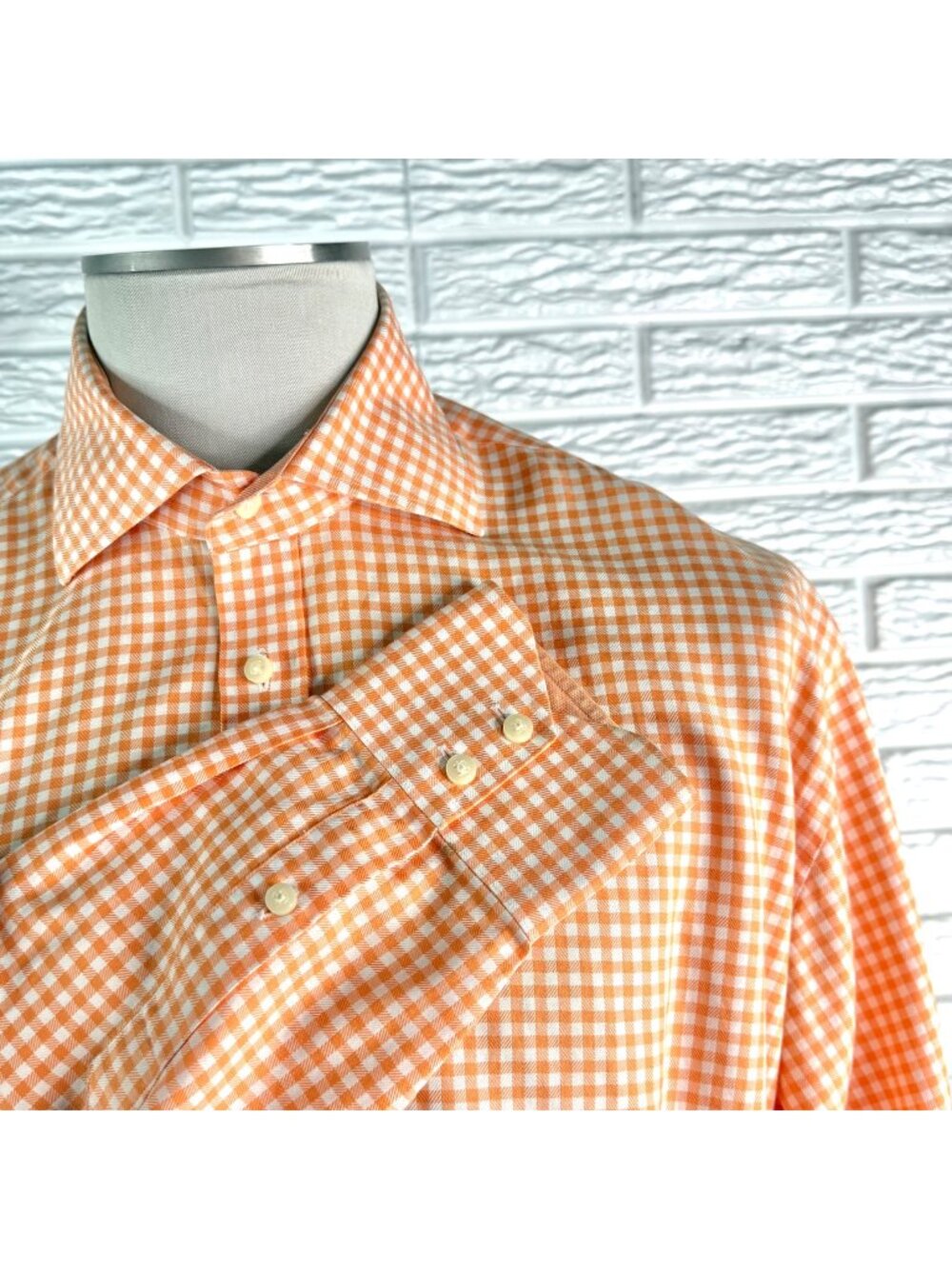 Thomas Dean Mens Orange Gingham Long Sleeve Button Down Dress Shirt Size Large